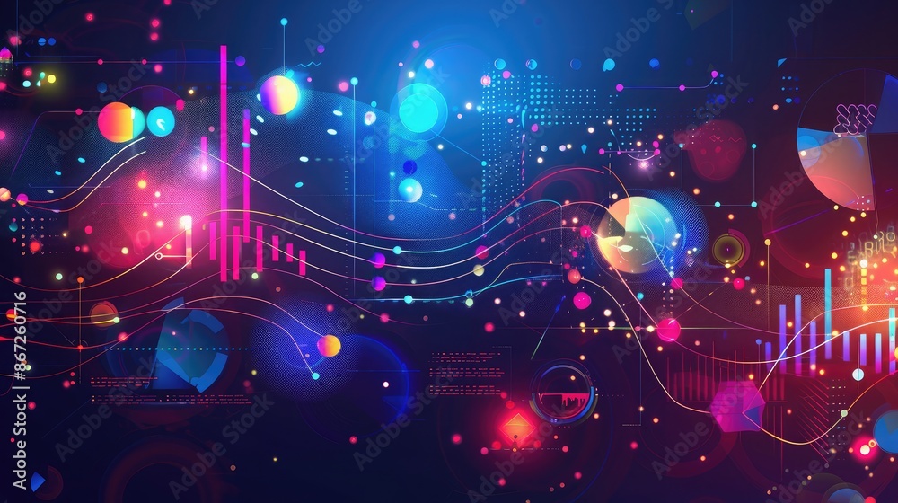 Poster abstract business infographic background with colorful shapes and data points.