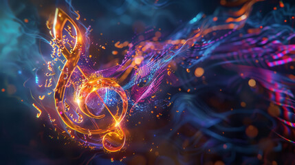 A single handdrawn note blooms into a fantastical D instrument its music visualized as swirling colors and shapes dancing around it High Quality High Clarity Space for Text