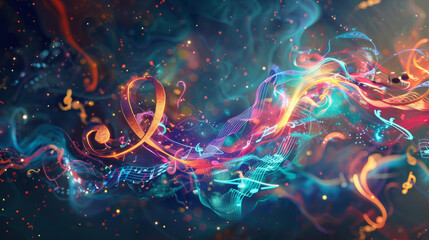 A single handdrawn note blooms into a fantastical D instrument its music visualized as swirling colors and shapes dancing around it High Quality High Clarity Space for Text