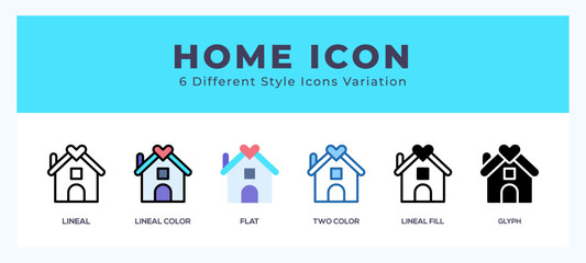 Home icon set. outline. glyph black. flat color and filled line color