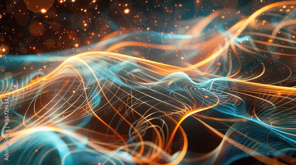 Poster abstract depiction of wave-particle duality with dynamic light trails.