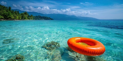 Fototapeta premium Beautiful brightly colored inflatable mattress floating in clear blue water on the beach of a resort in a tropical country, beautiful landscape without people
