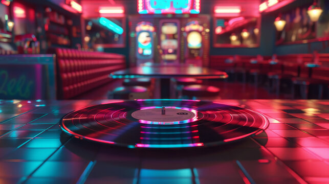 A vintage vinyl record spins and transforms into a retro diner scene complete with neon lights chrome details and the crackling sound of a jukebox High Quality High Clarity S