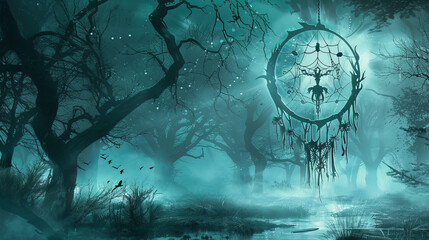 A whimsical handdrawn dreamcatcher transforms into a hauntingly beautiful gothic landscape filled with twisted trees and swirling mist High Quality High Clarity Space for Tex