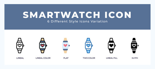 Smartwatch icon set with different styles. Vector illustration.