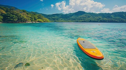 Beautiful brightly colored sup board floating in clear blue water on the beach of a resort in a tropical country, beautiful landscape without people