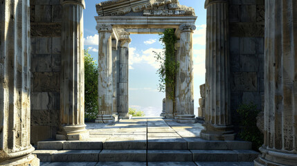 Ancient Ruins with Time Portals D ancient ruins with D time portal windows showing different historical eras using leading lines of the ruins architecture to guide the eye fro