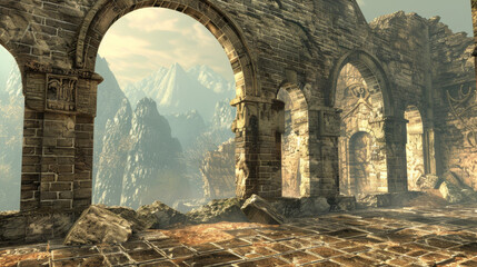 Ancient Ruins with Time Portals D ancient ruins with D time portal windows showing different historical eras using leading lines of the ruins architecture to guide the eye fro