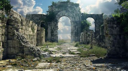 Ancient Ruins with Time Portals D ancient ruins with D time portal windows showing different historical eras using leading lines of the ruins architecture to guide the eye fro