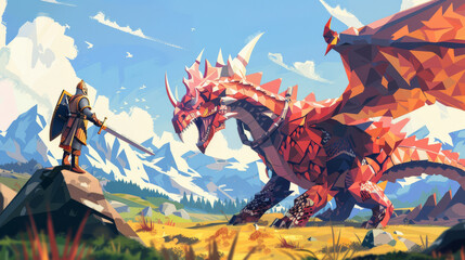 Concept Art A low poly pixelated knight battles a hyperrealistic animeinspired dragon their clash set against a photorealistic medieval landscape High Quality High Clarity