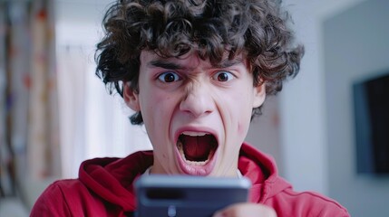 Young man with crazy face looking at the phone