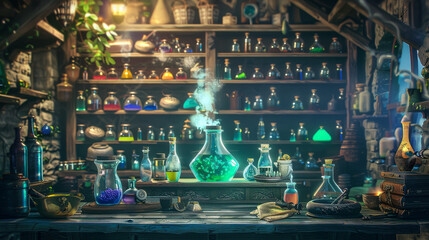 Fantasy Potion Brewery A mystical D potion shop with shelves of bottles that emit D animated vapors and magical effects blending alchemy and animation to create a vibrant works