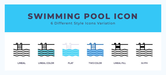 Swimming pool icon set with different styles. Vector illustration.
