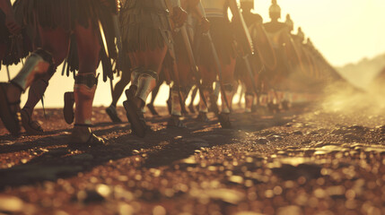 Echoes of History A D ancient battlefield with D holographic warriors reenacting historical battles Focus on the leg movements of soldiers as they charge with dynamic lighting