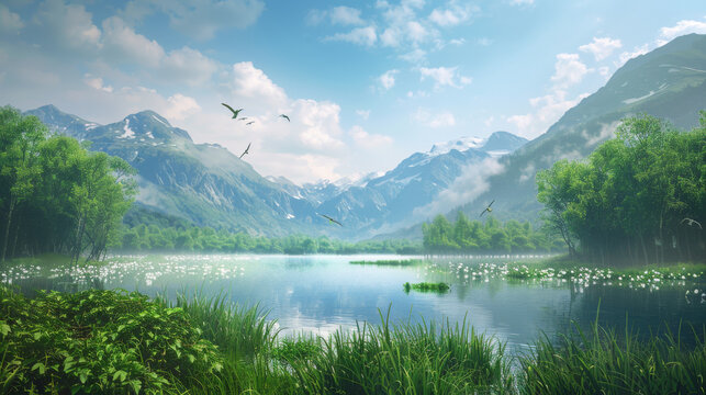 Digital Nature Fusion Show a serene natural landscape where digital D pixel art overlays the realistic D background Integrate digital elements like pixel birds trees and clou - Powered by Adobe