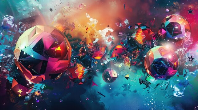 Abstract digital art with footballs, stars, and dynamic, vibrant patterns.