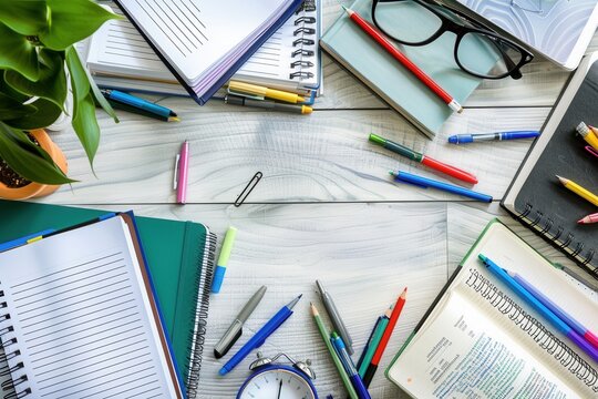 A well-organized desk with open textbooks, notebooks, pens, and pencils, perfect for tutoring services and educational centers. Generative AI