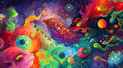 A childs crayon drawing morphs into a hyperrealistic dreamscape filled with fantastical creatures and vibrant swirling colors High Quality High Clarity Space for Text Profes