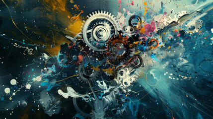 A chaotic splash of paint morphs into a meticulously detailed mechanical blueprint with gears wires and annotations High Quality High Clarity Space for Text Professional mid