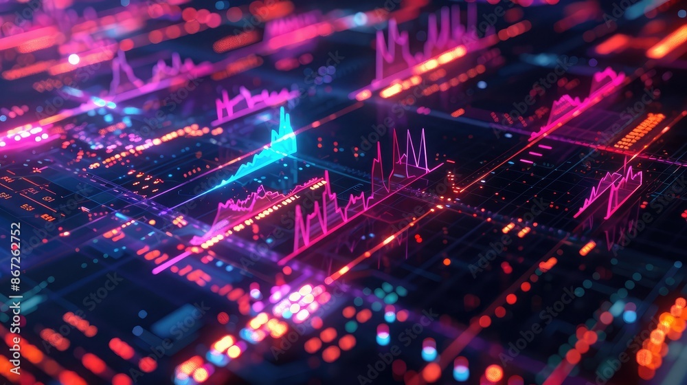Poster abstract financial data visualization with glowing charts and graphs.