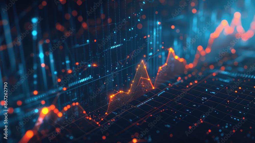 Poster abstract financial data visualization with glowing charts and graphs.