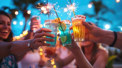 A group of people are celebrating with drinks and fireworks