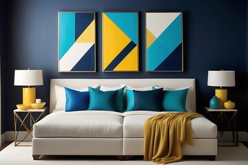 a series of canvases featuring geometric abstracts in hues of yellow, blue, and cyan, hanging on wall with modern furniture