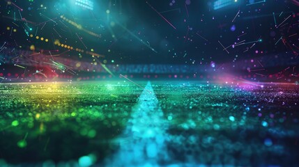 Abstract football field with colorful, digital overlays and light effects.