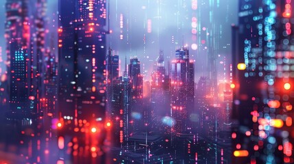 Abstract futuristic cityscape with data streams and glowing lights.