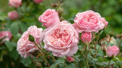 Obraz premium Pink roses fully blooming with green leaves and prickly branches in the background