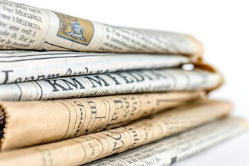 Stack of Old Newspapers on White Background
