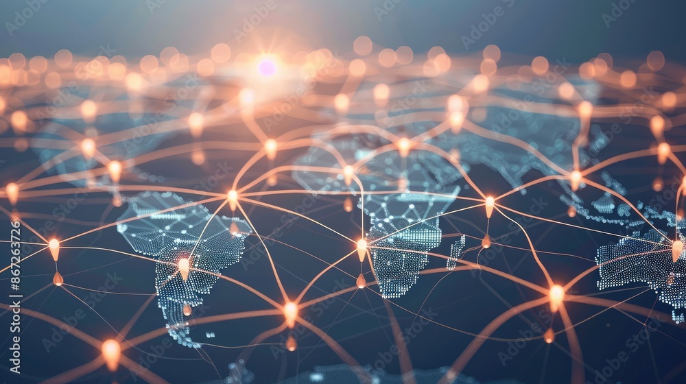 Wall mural abstract global network with connecting lines and business icons.