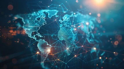Abstract global business network with world map and connecting lines.