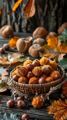 Autumnal Chestnut Harvest with Traditional Japanese Kuri Kinton Dessert on Rustic Wooden Table
