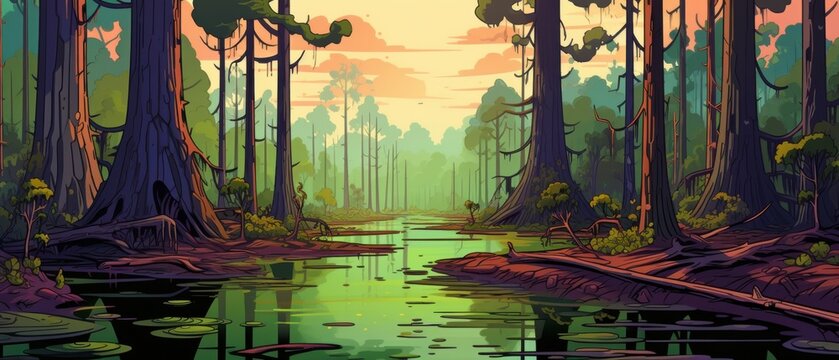 Serene Swamp Landscape at Sunset.  Cartoon Illustration of Nature's Tranquility