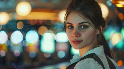 Obraz premium Portrait of 35 year old model girl croupier at workplace in casino, serious calm look, beautiful face, blurred background, light colored