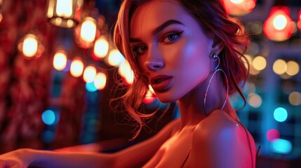 Pretty young woman model in dress with strict look in cabaret interior, clear face and skin, bright image, blurred background