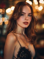 Fototapeta premium Pretty young woman model in dress with strict look in cabaret interior, clear face and skin, bright image, blurred background