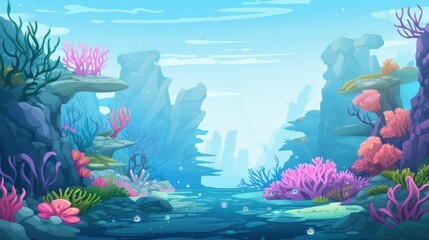 Vibrant coral reef illustration, colorful underwater seascape with rocks, seaweed, and aquatic plants. Perfect for children's books, ocean conservation, or marine life themes.