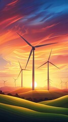 Obraz premium Sunset Serenity Wind Turbines in Watercolor Style