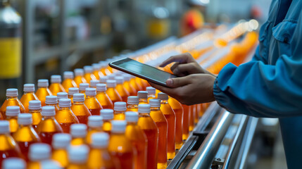 Closeup. Employee's hands using a tablet to collect data. And check the conveyor belt with juice or water bottles at a modern beverage factory.