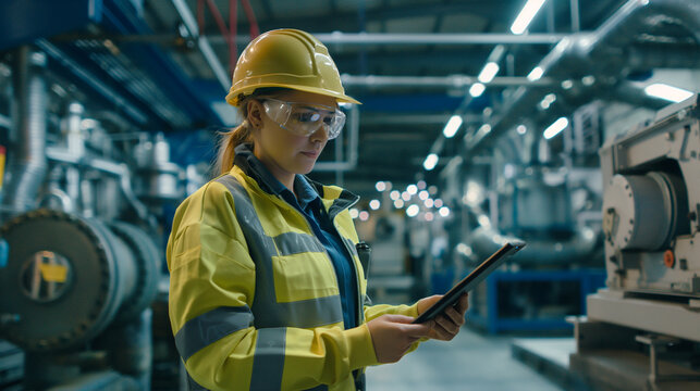 Young female engineer uses tablet to check drawings and check control of mechanical installation in industrial factory. Technicians inspect the system, perform maintenance repairs.