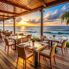 Fototapeta premium Oceanfront restaurant at sunset. 