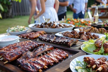 A table set with a variety of barbeque dishes, including ribs, chicken, and salads. People in the background serve themselves, enjoying the delicious spread at the barbeque party, blurred background
