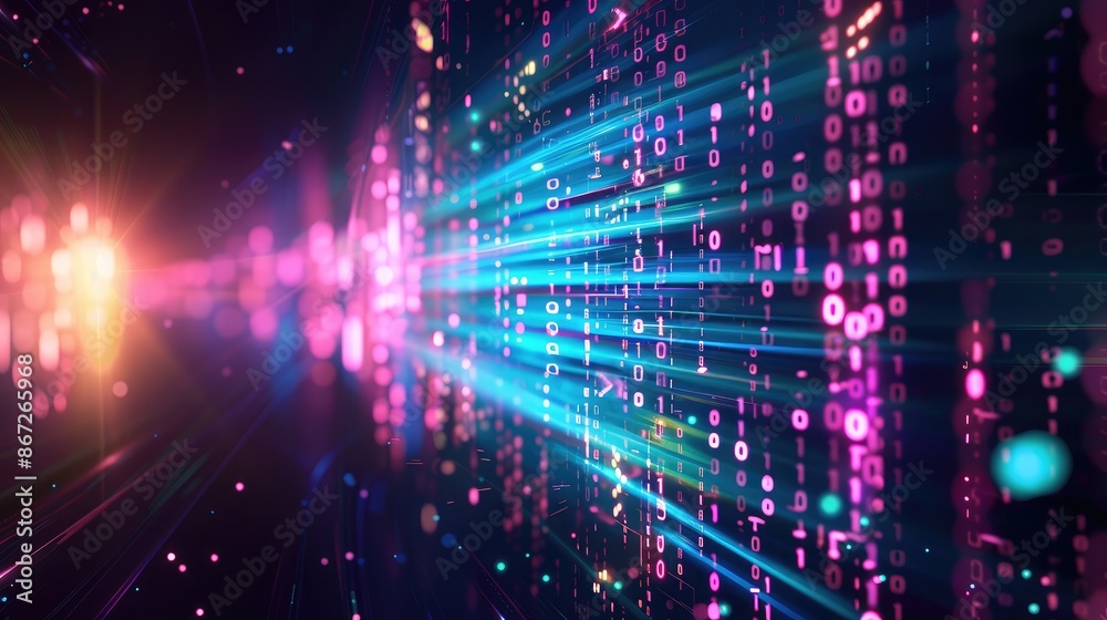 Poster abstract tech background with dynamic light trails and data symbols.