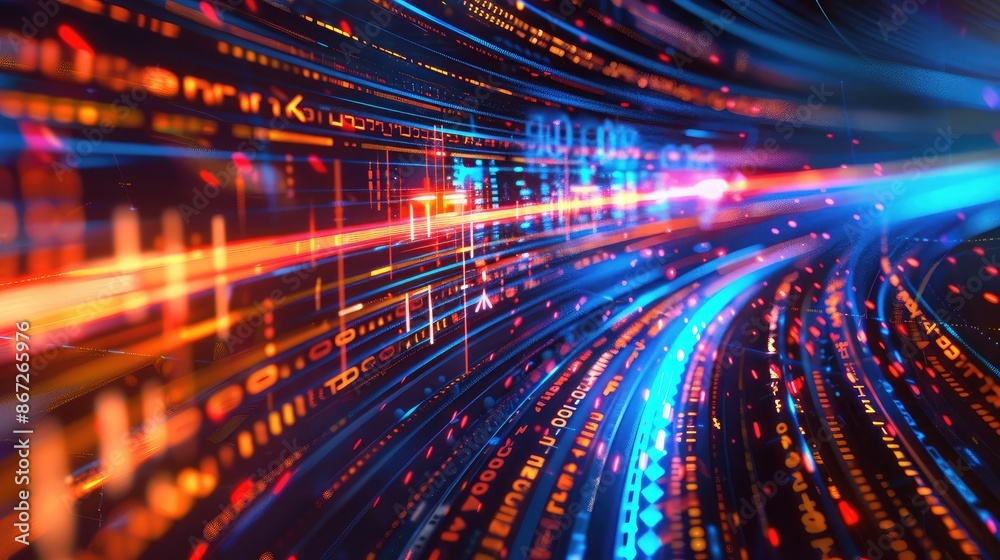Poster abstract tech background with dynamic light trails and data symbols.