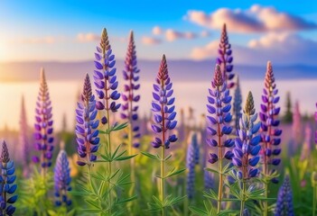 Naklejka premium A field of vibrant blue and purple lupins with a clear blue sky in the background