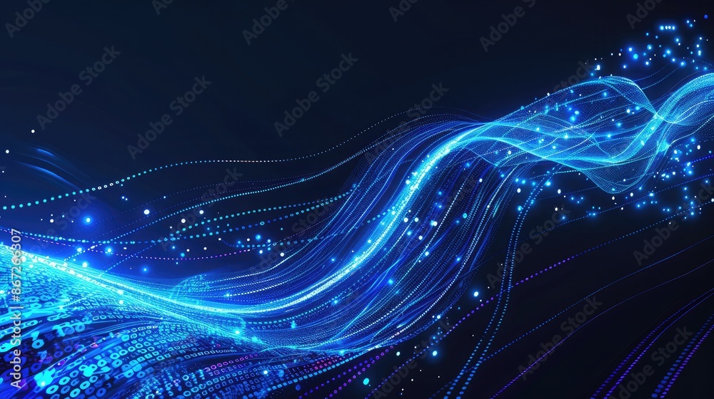 Poster abstract technology wave with bright blue lines and binary code.