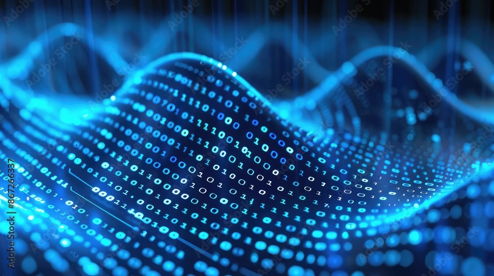 Poster abstract technology wave with bright blue lines and binary code.
