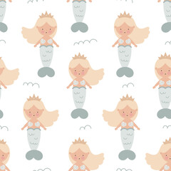 Seamless pattern with cute mermaid. Sea character. For for kids design, fabric, wrapping, cards, textile, wallpaper, apparel. Isolated vector cartoon illustration in flat style on white background.